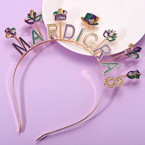 Mardi Gras Headband Carnival Party Hair Accessory with Mask and Fleur De Lis