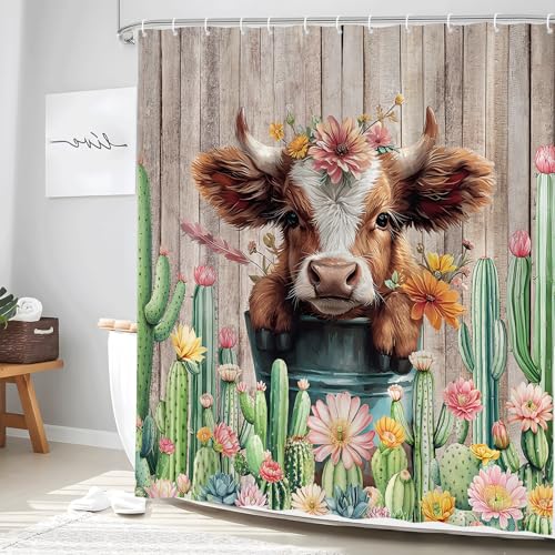 Farmhouse Highland Cow Shower Curtain - Rustic Bathroom Decor 70x70