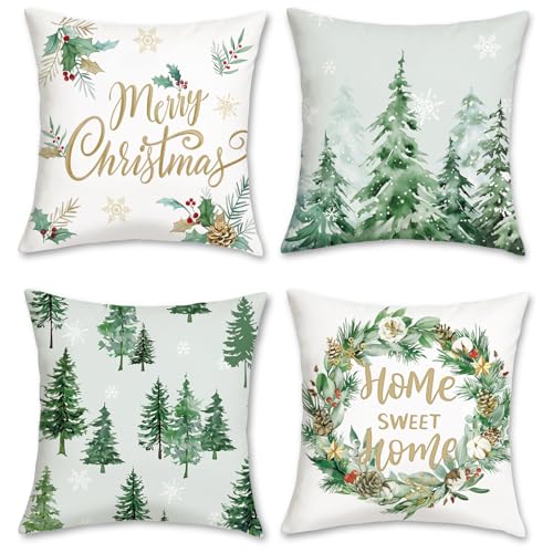 COZZSNUGE Pine Tree Winter Throw Pillow Covers Set of 4 - Rustic Christmas Forest 18x18 Inches, Pine Tree-1