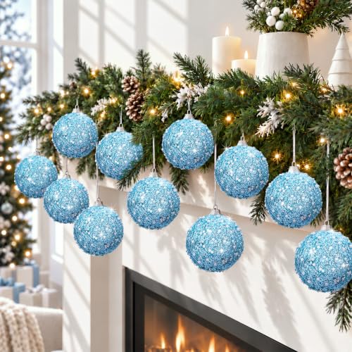 12 Pack Light Blue Christmas Ball Ornaments 4 Inch Bulk Holiday Decor