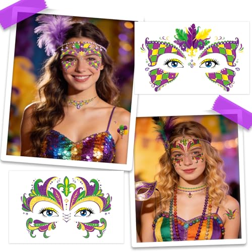 DPKOW 7-Piece Mardi Gras Accessories Set with Face Tattoos Beads Necklace and Gems