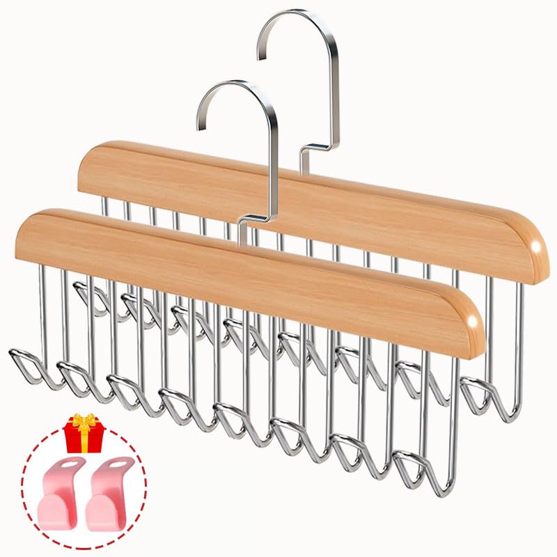 2 Pack Wooden Belt Hanger with 16 Hooks - Space-Saving Organizer
