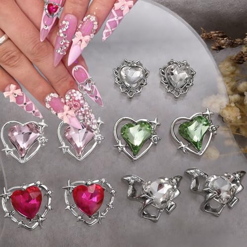 GUAACCB 15Pcs 3D Heart & Butterfly Nail Charms Silver Rhinestones
