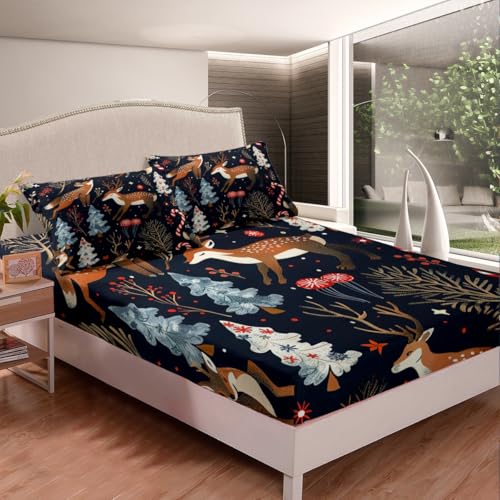 Feelyou Botanical Deer Sheet Set Full Size - Blue & Brown 4PCS Kids Bedding