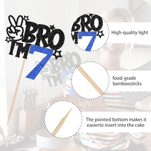 Brother I'm 7 Cake Topper - Blue Glitter Star Birthday Decoration
