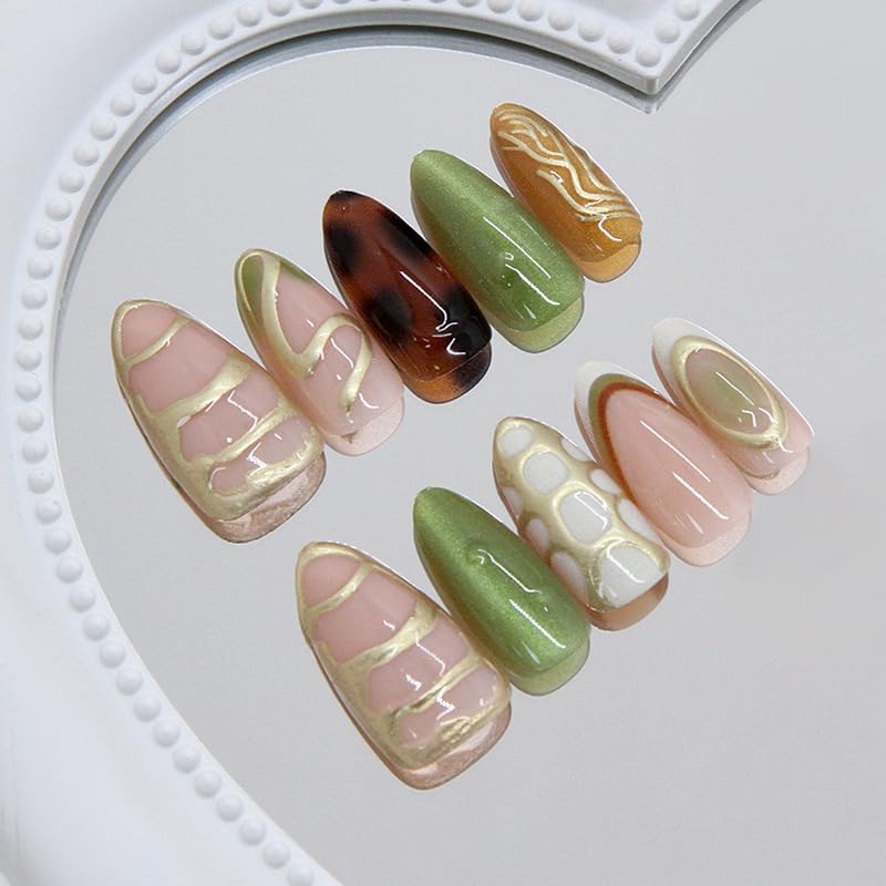 Medium Almond Press on Nails 30Pcs Green Glitter Gilded Lines False Nails