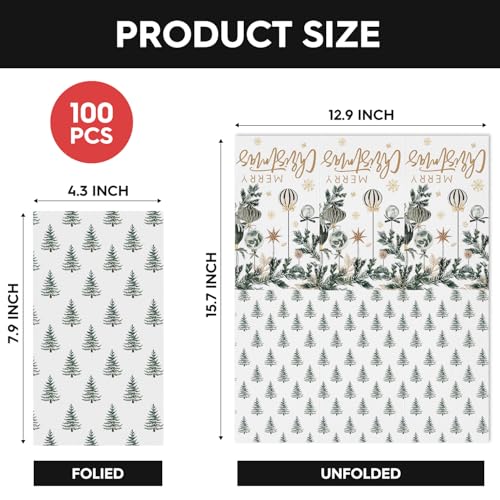 Christmas Paper Napkins 4.3 x 7.9 Inches - 100 Pack Holiday Tree Design