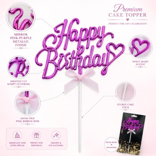 Purple Acrylic Happy Birthday Cake Topper with Heart & Bow