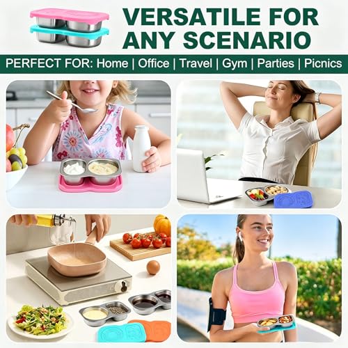 Eiyisem Stainless Steel Snack Containers with Lid, 5.3 Oz Dual Compartment Food Storage