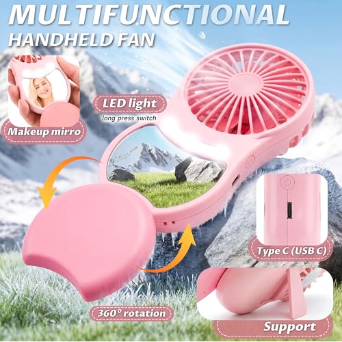 MOHADU Portable Handheld Makeup Fan with LED Light - Pink Desktop Fan