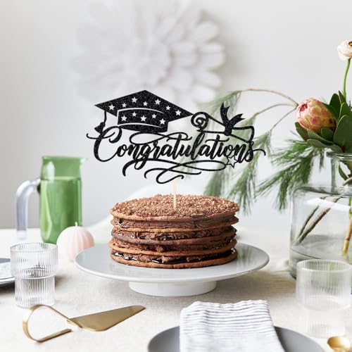 Black Glitter Graduation Cake Topper - Congratulations Cap & Diploma