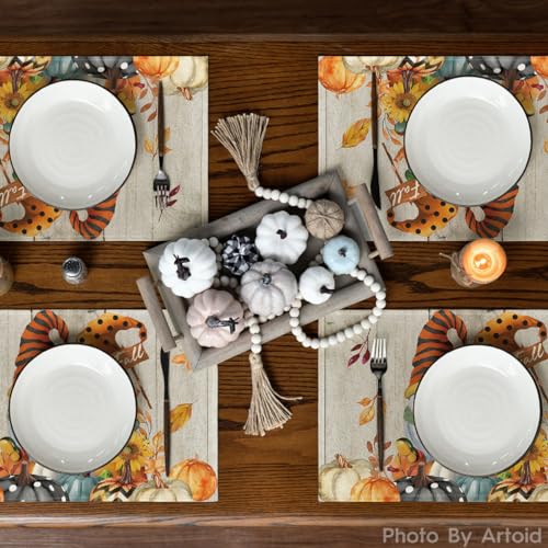 Wood Gnomes Pumpkin Fall Placemats Set of 4 - 12x18 Inch Rectangular Seasonal Table Decor