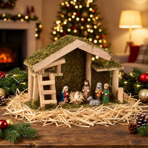Wooden Nativity Stable Manger Scene with Raffia - Christmas Decor