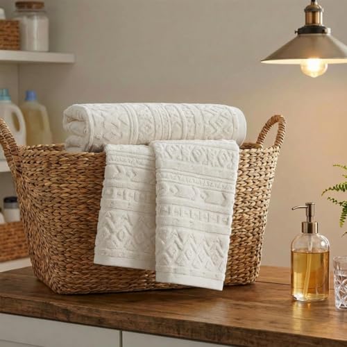 Artoid Mode 3D Geometric Jacquard Hand Towel, 100% Cotton, Beige, 13.7x29.5"