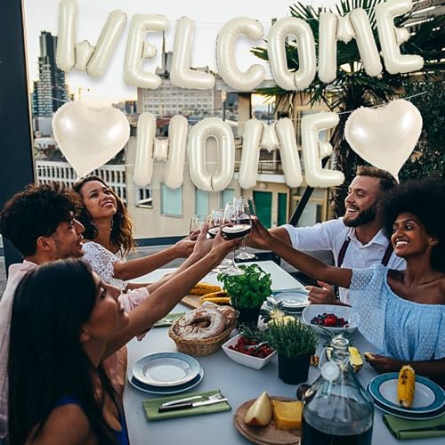 WELCOME HOME Foil Balloon Banner Set with Heart Balloons - 16 Inch Cream White Decor for Homecoming & Parties