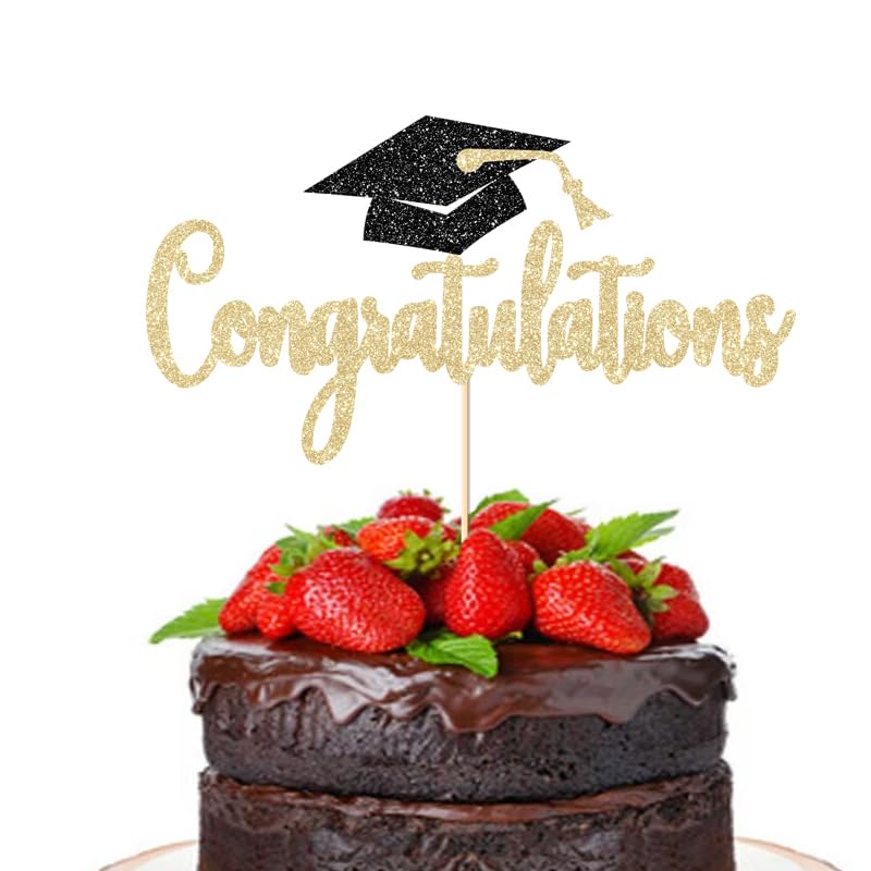 Gold Glitter Graduation Cake Topper for Class of 2026 - Congrats Party Decor