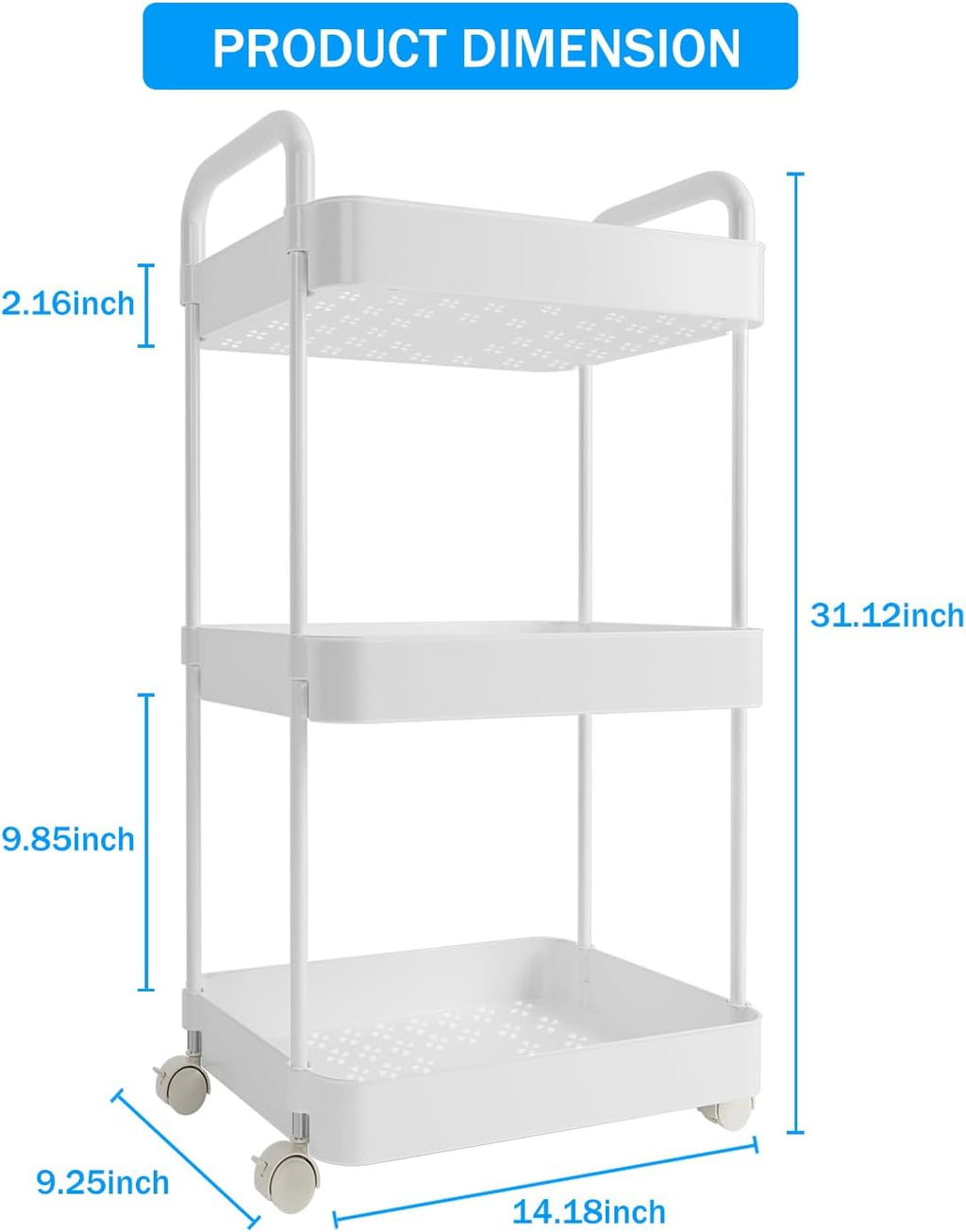 Volnamal Diaper Caddy Organizer - 3-Tier Movable Cart with Wheels for Newborn Essentials | White Plastic