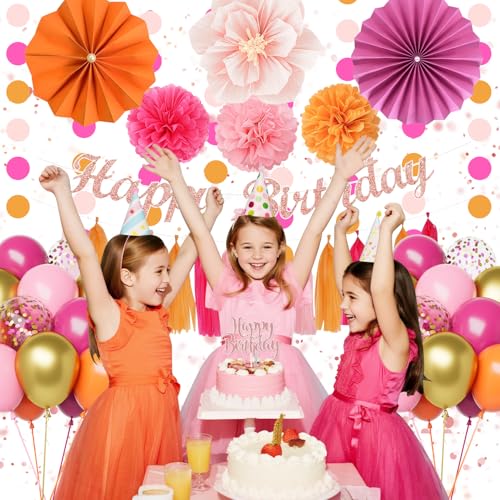 Pink Orange Birthday Decorations Kit for Women & Girls - Peach Gold Balloons, Banner, Cake Topper & Pom Poms