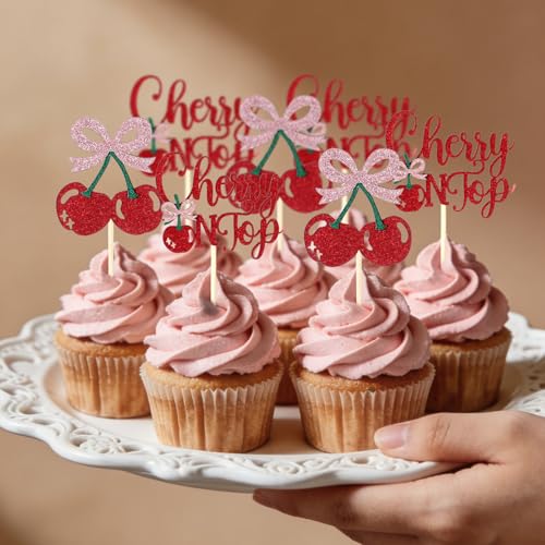 24 Pcs Cherry Cupcake Toppers Glitter Sweet Cherry Cake Decorations
