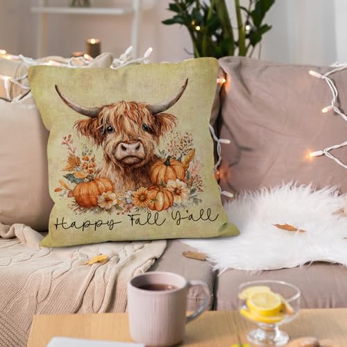 Vintage Fall Cow Throw Pillow Cover 18x18 - Rustic Farmhouse Design