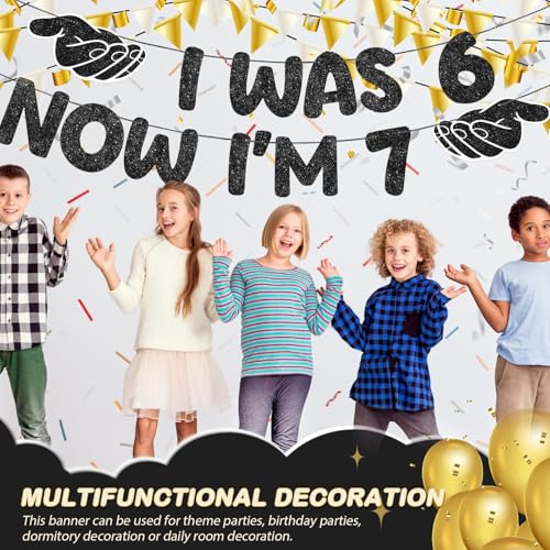 Fulmoon Black 7th Birthday Glitter Banner | Pre-Strung I Was 6 Now I'm 7