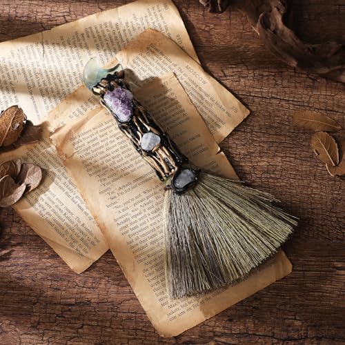 RENEMEGO Witchcraft Fluorite Crystal Broom - Wiccan Decor & Altar Supply