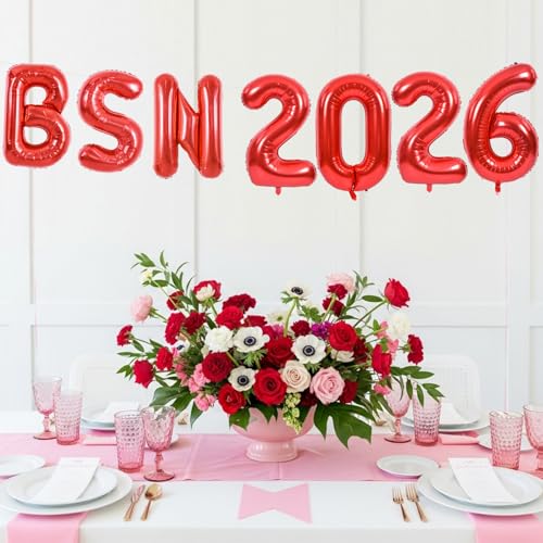 BSN 2026 Nurse Graduation Decorations - Red Foil Balloons & Banner