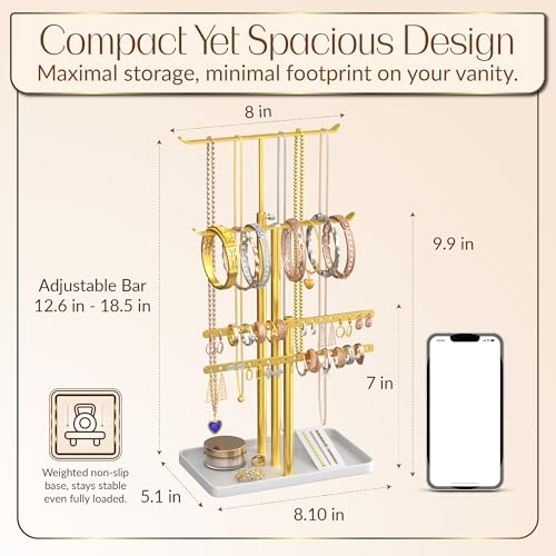 Adjustable Gold Jewelry Tower Stand Organizer for Women - Elegant Display with Necklace, Earring & Bracelet Holders