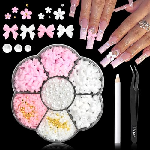 RODAKY Pink Bow & Pearl Flower Nail Art Charms 3D Resin Flatback Decorations