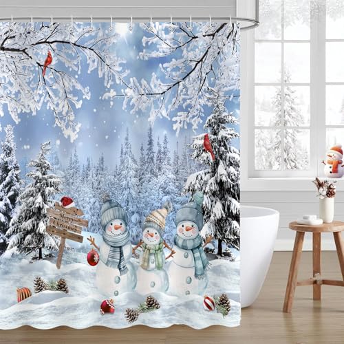Blue Christmas Snowman Shower Curtain - Winter Holiday Bathroom Decor, 72x72 Inches