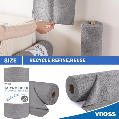 Microfiber Cleaning Cloth Roll - 55 Pack, 11" x 9" Grey, Ultra Absorbent & Lint Free