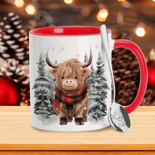 Highland Cow Christmas Mug with Spoon - Festive Holiday Coffee Cup - Xmas WR
