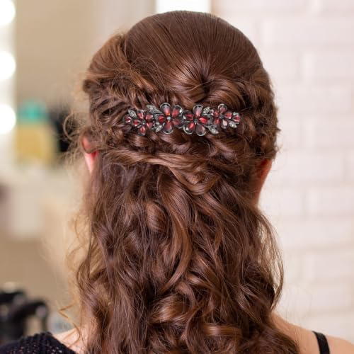 Dark Red Rhinestone Flower Hair Clip Crystal Bridal Barrette