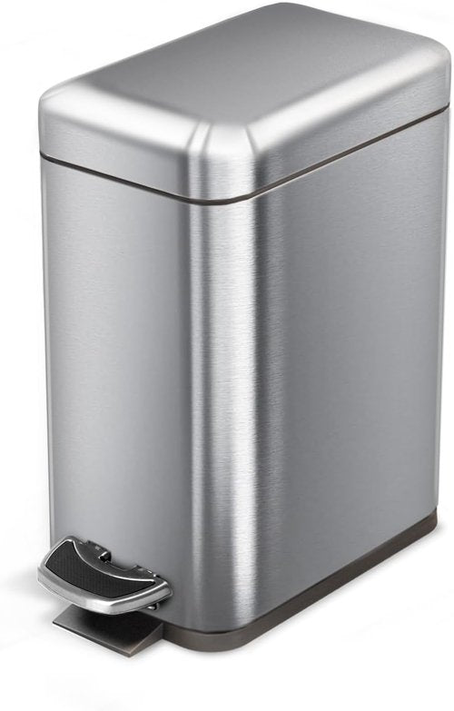 Home Zone Living 1.3 Gallon Stainless Steel Bathroom Trash Can - Slim Design with Lid & Step Pedal, Silver