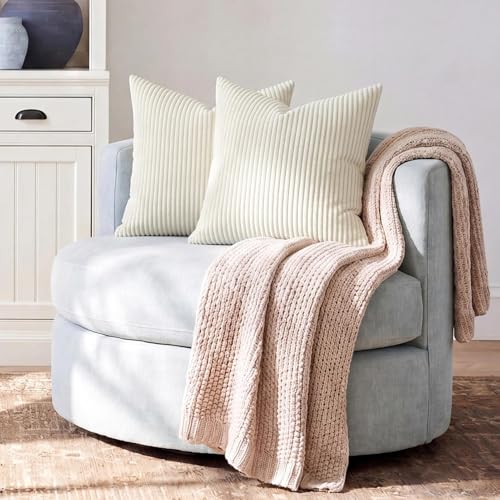 Softalker Striped Corduroy Pillow Covers, 18x18 Inch, Cream, Set of 2