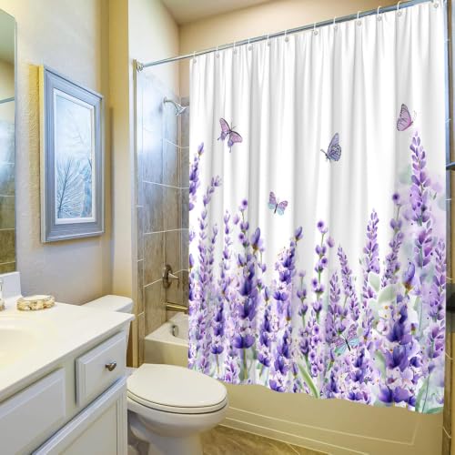 Lavender Floral Shower Curtain 70x70 Inch, Watercolor Butterfly Bathroom Set