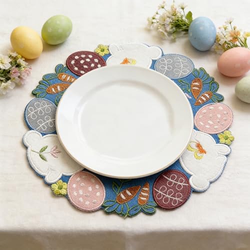 OVOY Easter Placemats Set of 2 - 13.77 Inch Round Embroidered Bunny Table Mats