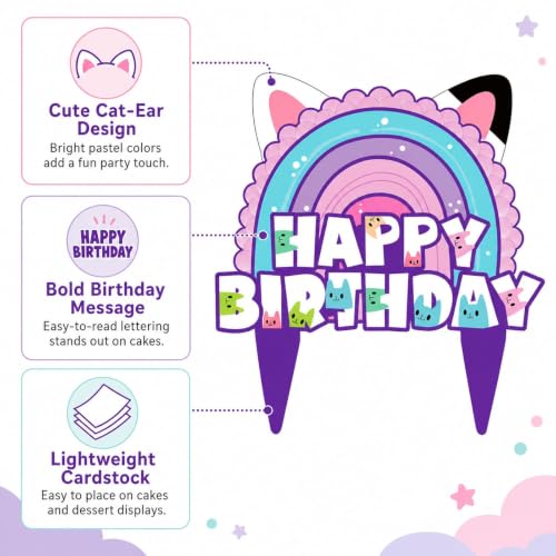 Dollhouse Cake Topper for Girls Birthday Party, Cat Rainbow Design