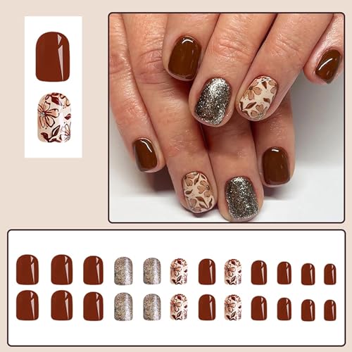 Brown Square Press on Nails with Flowers, Rhinestones and Glitter - 24Pcs Glossy False Nails