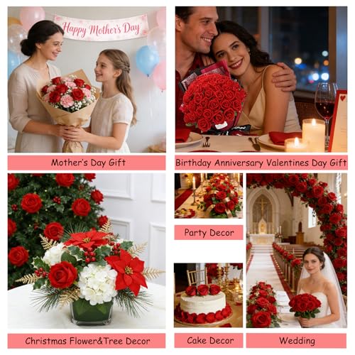 MERIXMAS Red Artificial Velvet Roses, 12-Piece Set with Adjustable Stems