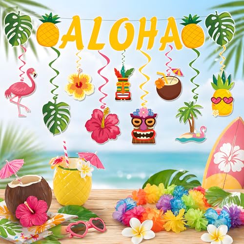 Hawaiian Luau Party Decorations Kit - 9PCS Hanging Swirls & ALOHA Banner
