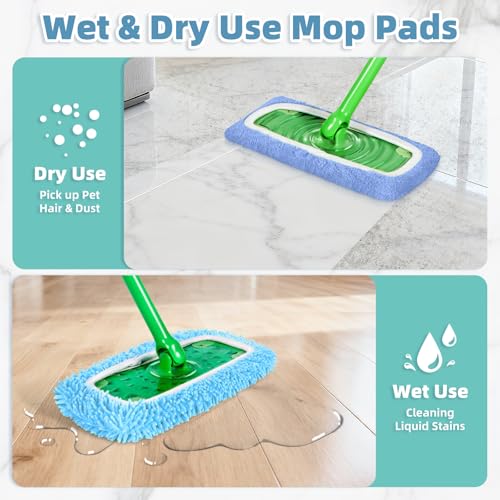 4 Pack Blue Reusable Mop Pads for Swiffer Sweeper (2 Chenille, 2 Coral Fleece)
