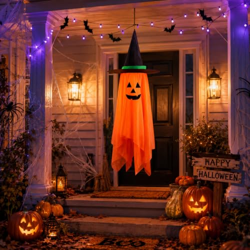 Baboea 39.4-Inch Hanging Ghost Decoration with Witch Hat for Halloween