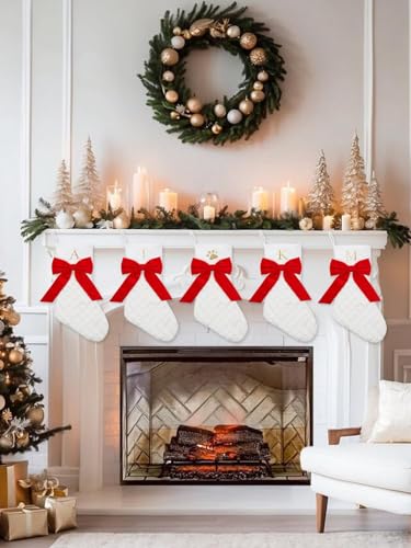 Personalized Christmas Stocking with Initials, 20 Inch Large Xmas Stocking with Gold Embroidery and Red Bow - S Variation