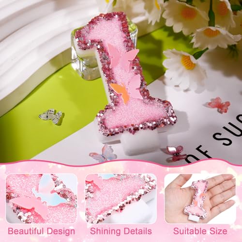 LASILE Pink Butterfly Number 1 Birthday Candle with Glitter Sequins, Cake Topper & Cupcake Decoration