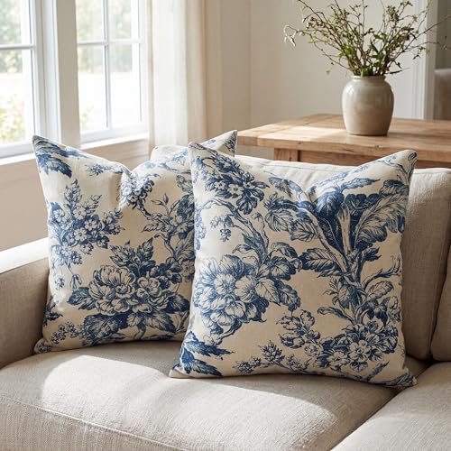 Vintage Blue White Floral Linen Throw Pillow Covers - Set of 2, 18x18