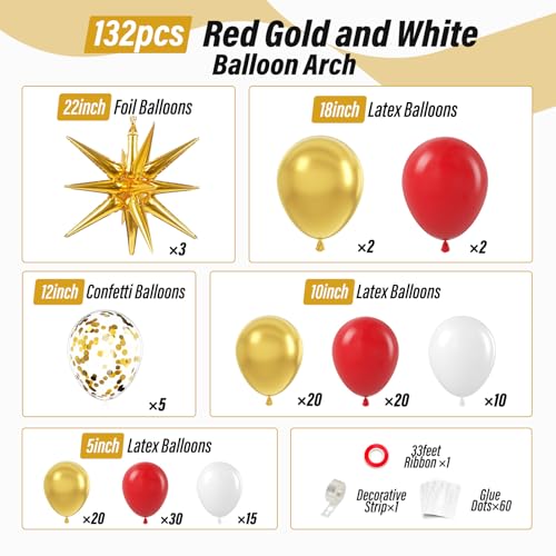 132pcs Red and Gold Balloon Arch Kit with Confetti Balloons for Parties