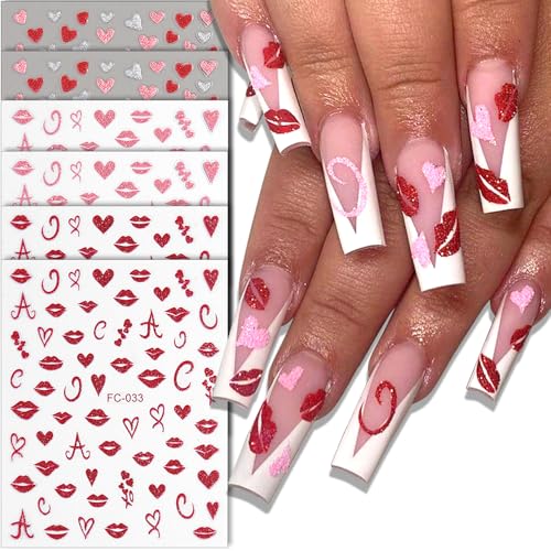 Valentine Glitter Nail Stickers Set - Red Pink Heart & Lips Decals 6 Sheets
