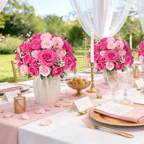 Yastouay Artificial Peony Flower Bouquets - Mixed Pink, 2 Pack, 7-Branch, 12-inch Stems