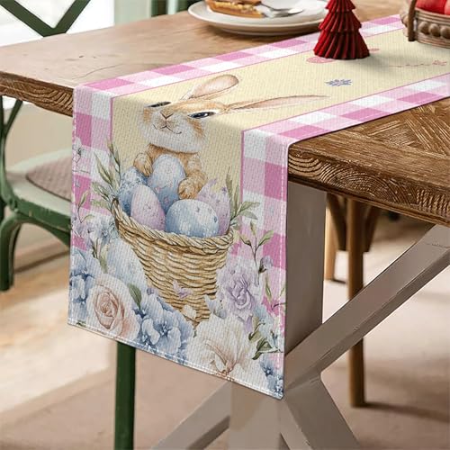 Easter Table Runner Watercolor Bunny Rabbit Eggs 13x72 Inch